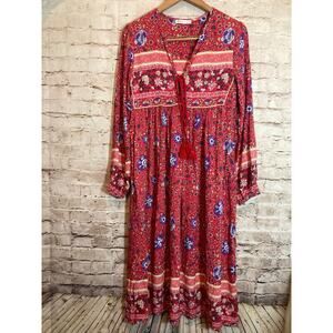 R. Vivimos Peasant Dress Womens Small Pink Floral Tasseled‎ Boho Cottage Long